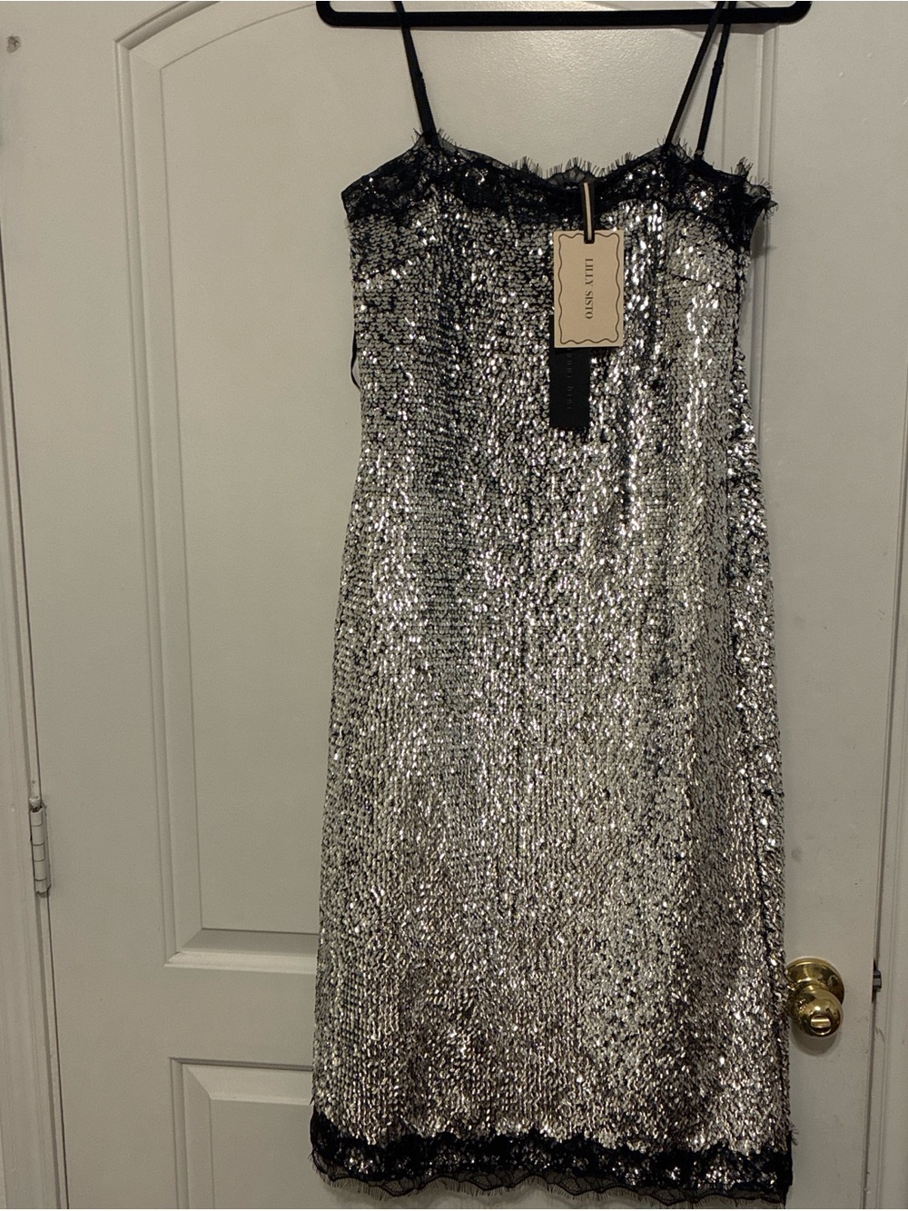 Lily Sisto x Gianni Bini Silver Sequin Midi Slip Dress with Black Lace Trim